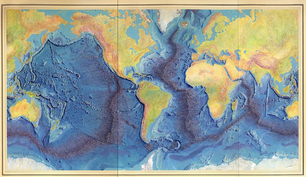 Mapa pintado a mano del mapa "Fondo mundial del océano" de Heezen-Tharp 1977