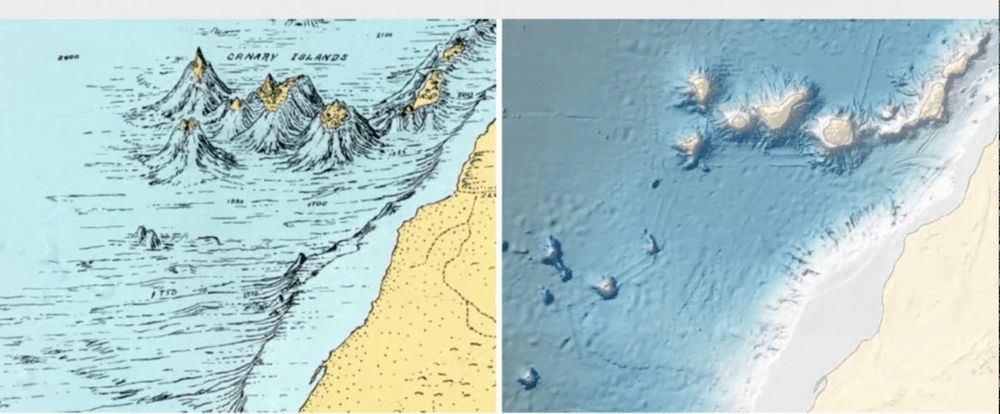 Izquierda. Detalle de las Islas Canarias a partir del mapa fisiográfico del Atlántico Norte de Marie Tharp. Derecha. Representación moderna de mapeo de franjas de la misma área. Los colores indican profundidad.